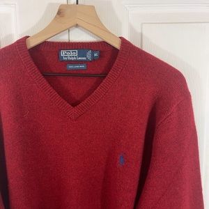 RALPH LAUREN Red Wool V Neck Sweater